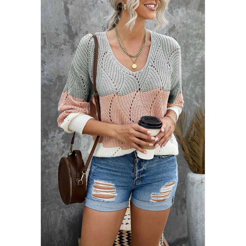Pink Color Block Knitted Cut Out Pullover Sweater Pink Color Block Knitted Cut Out Pullover Sweater